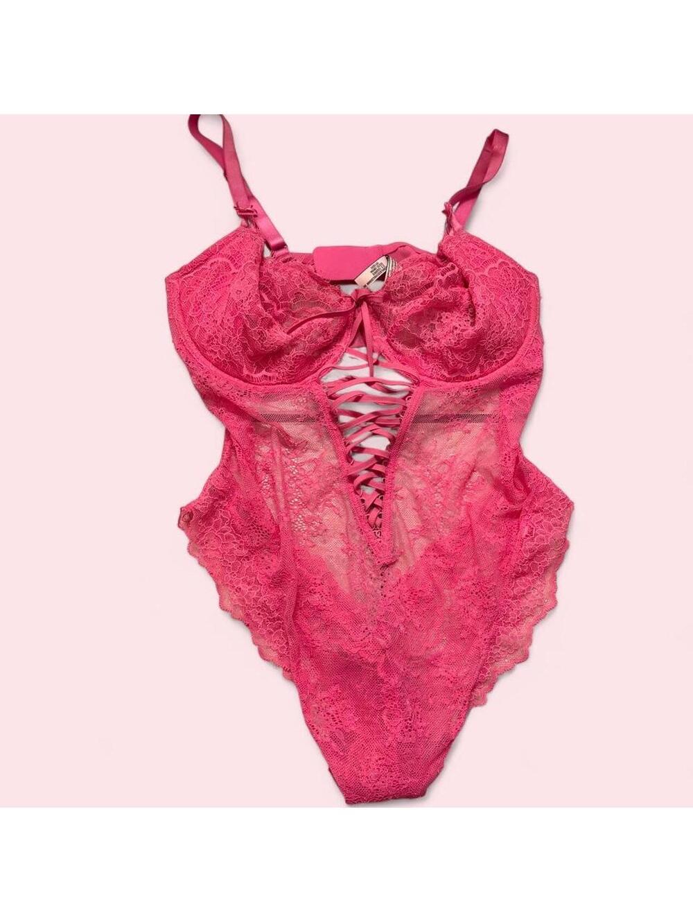 Lace Pink Coquette Victoria’s Secret Pink Corset Lace up Bodysuit